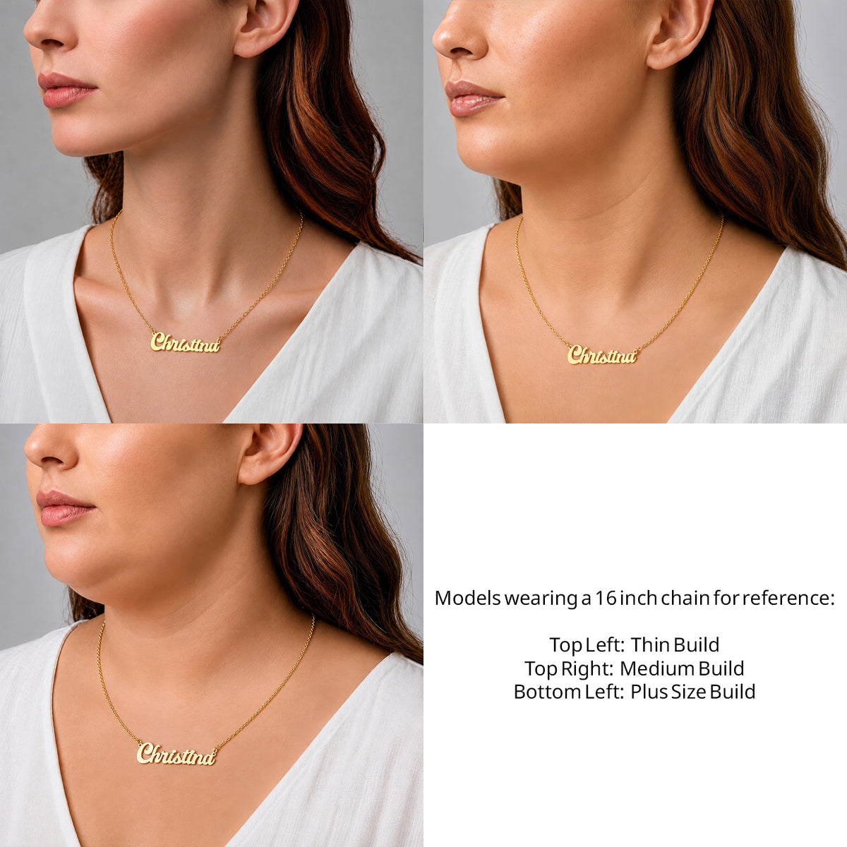14 Karat Solid Letter Name Necklace on a 16-inch chain shown on thin, medium and plus-size models for size reference – AJ's Jewelry