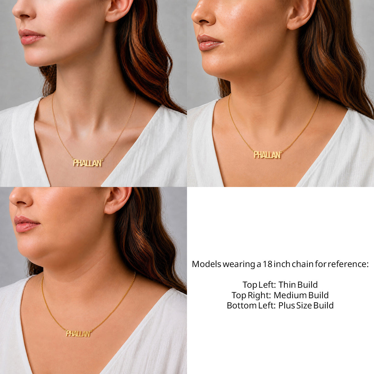 14 Karat Thin Letter Name Necklace on an 18-inch chain shown on thin, medium and plus-size models for size reference – AJ's Jewelry