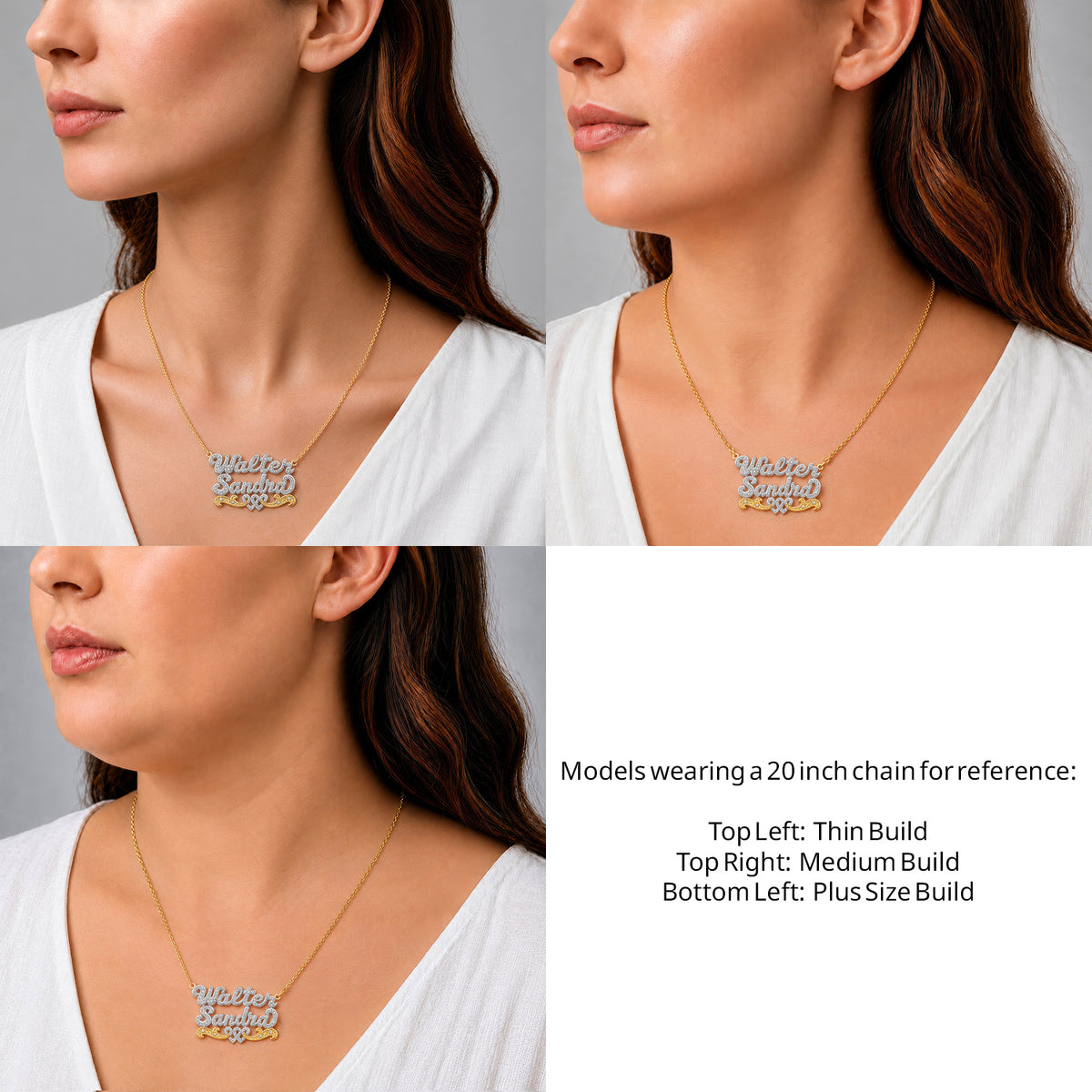 14 Karat Two Name 3D Name Necklace with Intertwined Hearts on a 20-inch chain shown on thin, medium and plus-size models for size reference – AJ's Jewelry
