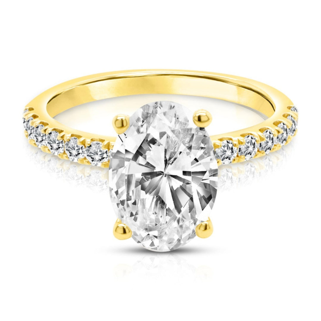 14 karat yellow gold 2ct oval lab-grown diamond pave engagement ring, front view