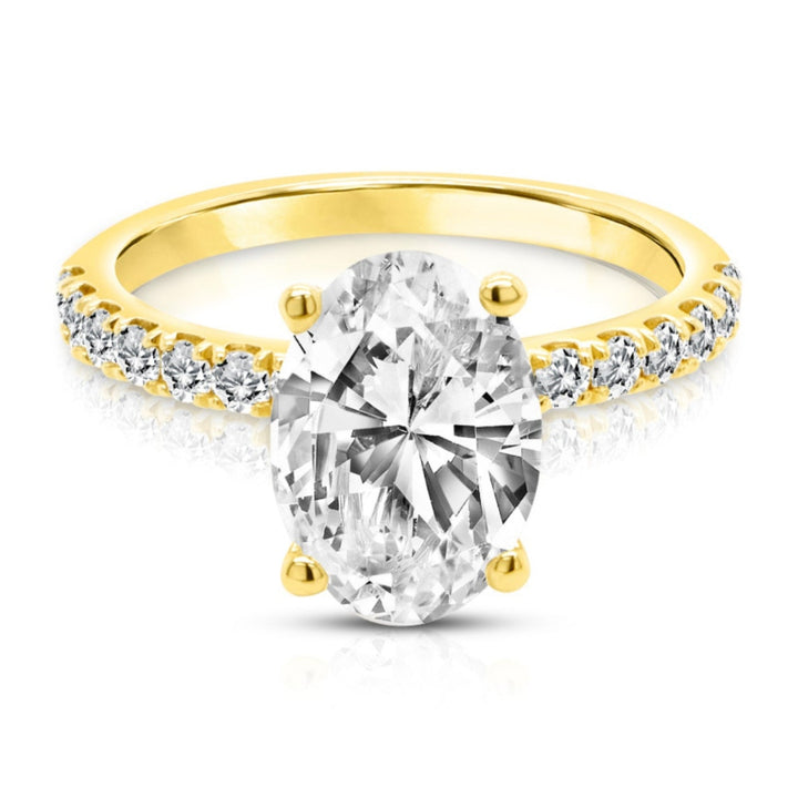 14 karat yellow gold 2ct oval lab-grown diamond pave engagement ring, front view