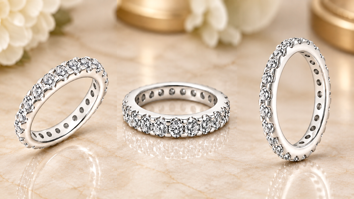 Styled photograph of the 14 karat white gold natural diamond eternity band with all angles standing on marble at AJ's Jewelry