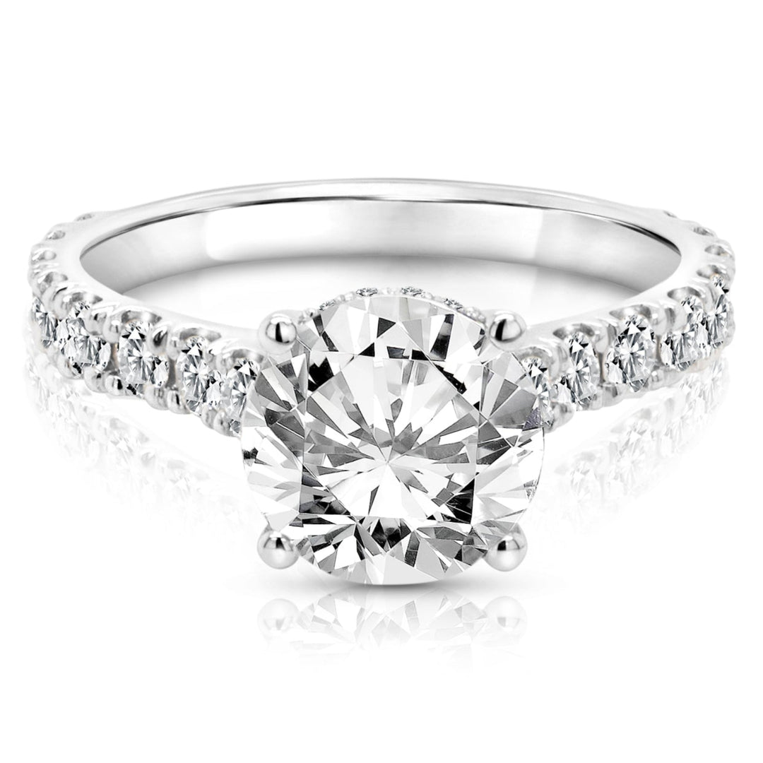 Front view of the 14 karat white gold 3ct round lab grown diamond engagement ring on a pure white background
