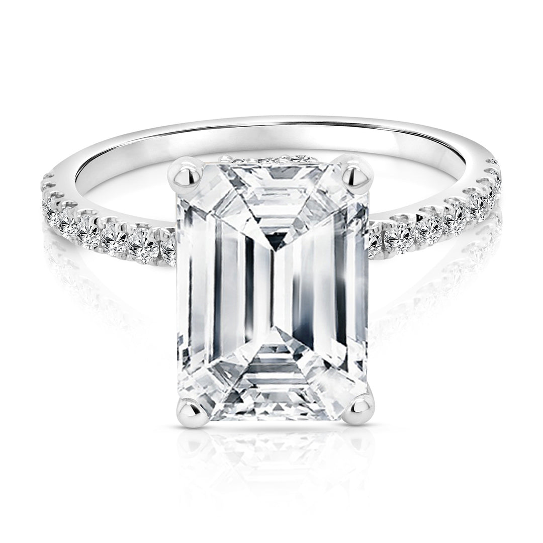 14 karat white gold 3.5ct emerald cut lab-grown diamond hidden halo engagement ring, front view