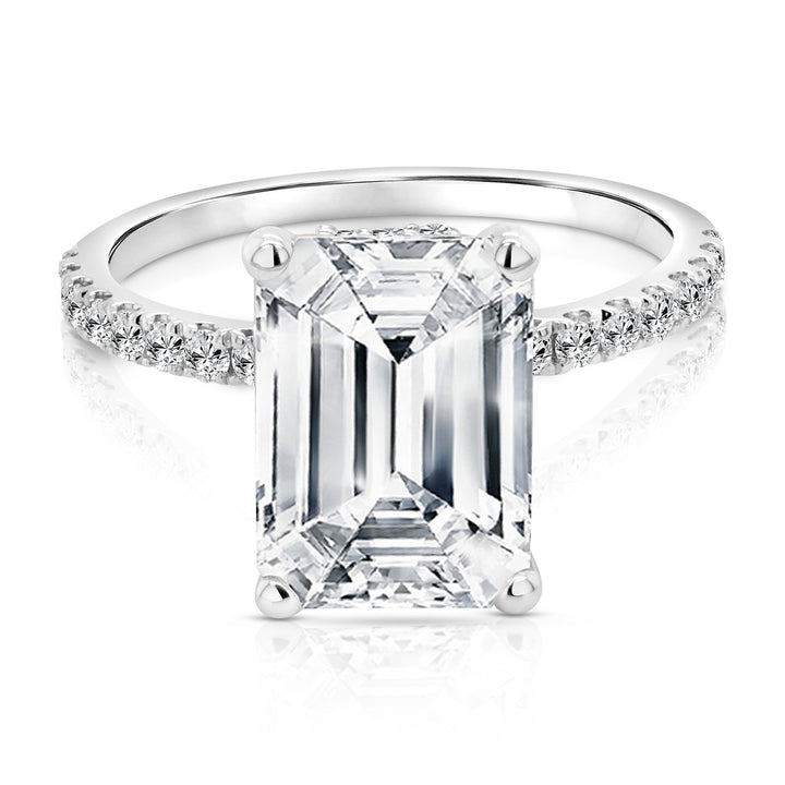 14 karat white gold 3.5ct emerald cut lab-grown diamond hidden halo engagement ring, front view