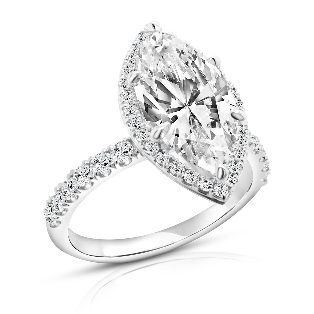 14 karat white gold 3ct marquise lab-grown diamond halo engagement ring, angled three-quarter view