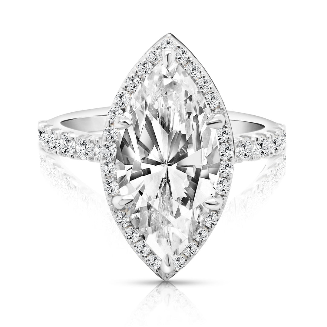 14 karat white gold 3ct marquise lab-grown diamond halo engagement ring, front view