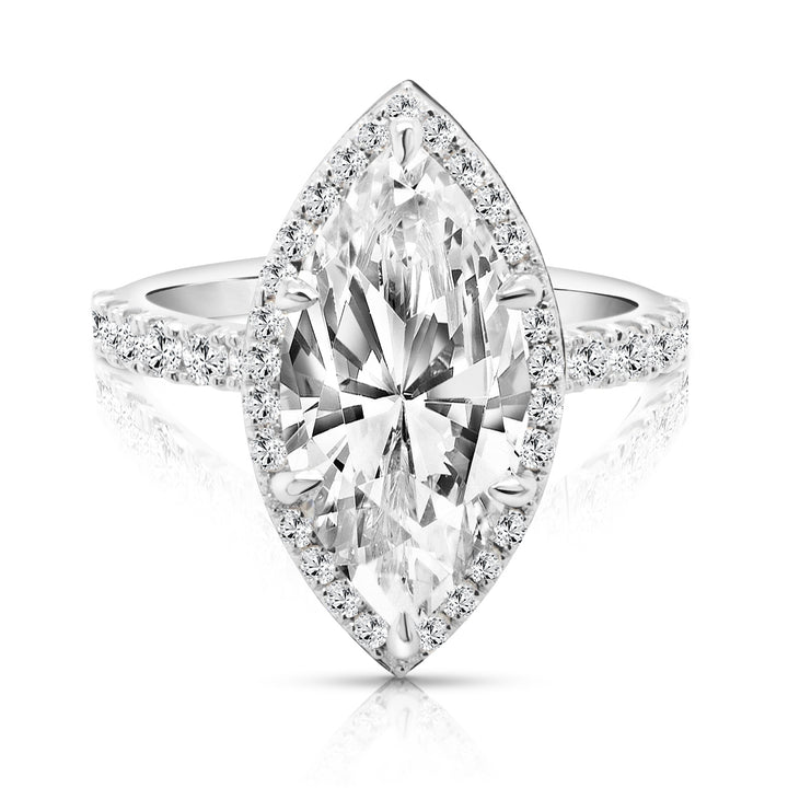 14 karat white gold 3ct marquise lab-grown diamond halo engagement ring, front view