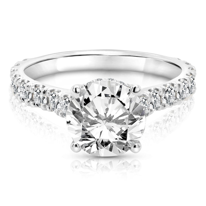 14 karat white gold 3ct round lab grown diamond hidden halo engagement ring with diamond accent band, front view