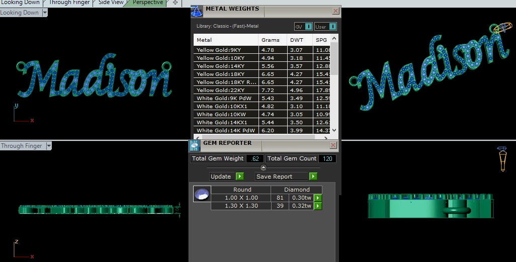 Computer screen displaying a gem and metal weight calculator for the Madison diamond name necklace