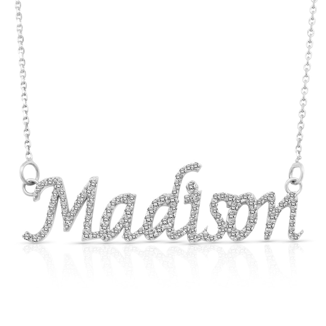14 karat white gold diamond name necklace with the name "Madison" on a white background