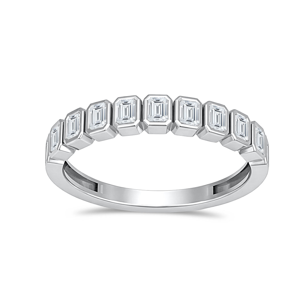 14K white gold emerald-cut lab-grown diamond bezel stackable ring