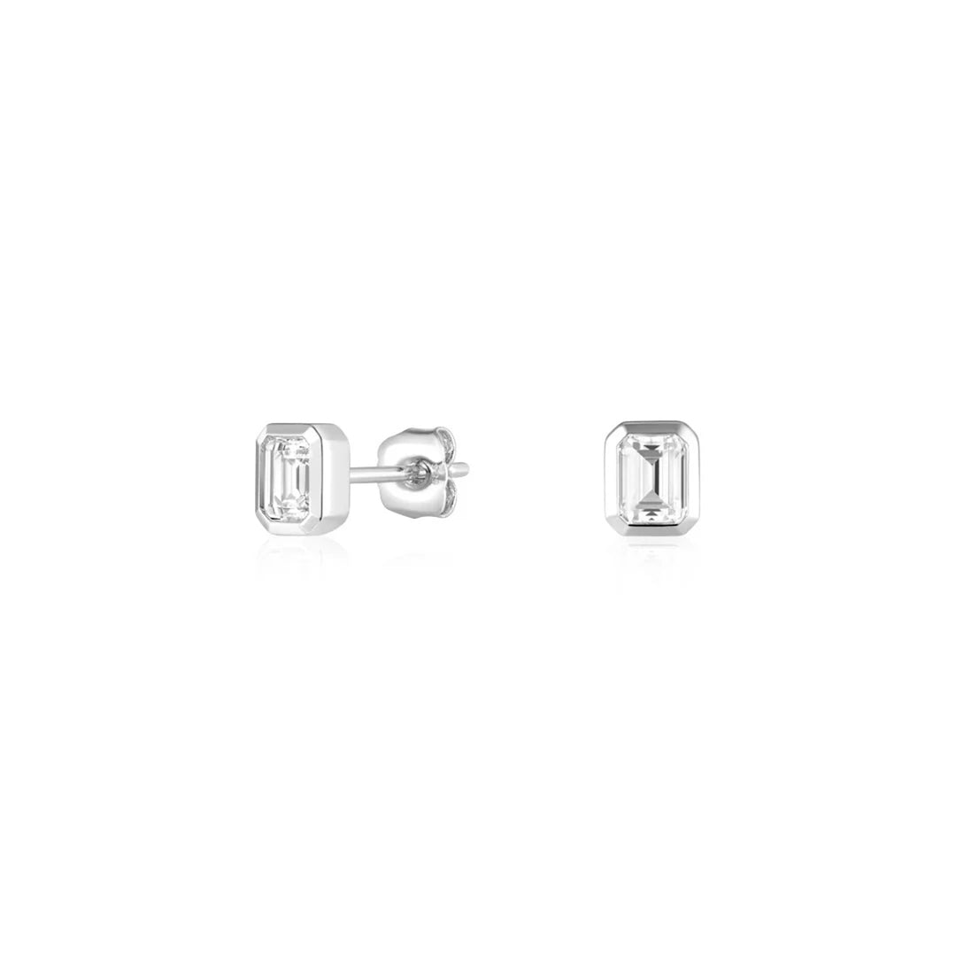 14K white gold bezel-set stud earrings with emerald-cut lab grown diamonds, side and front view