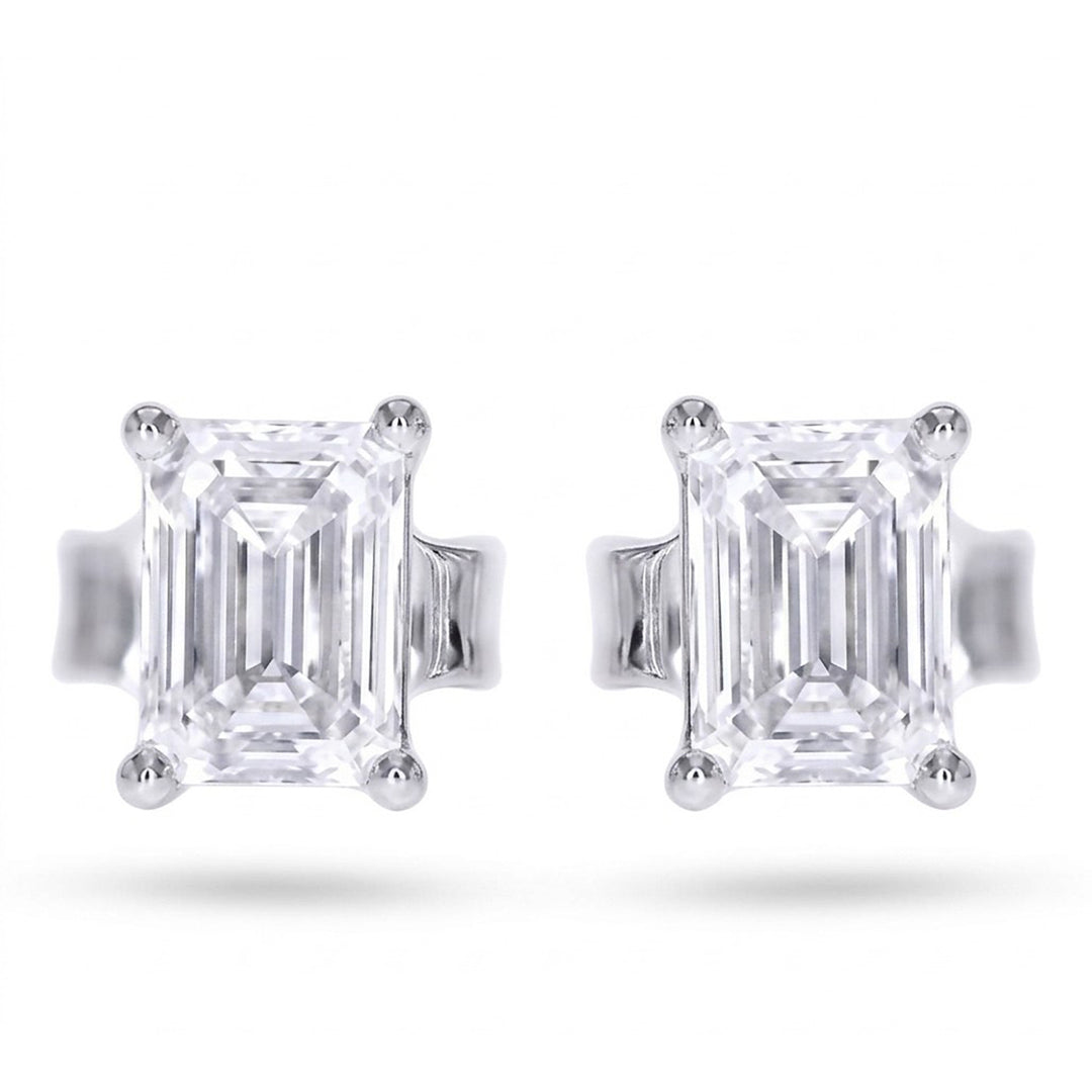 14K white gold solitaire stud earrings with four-prong emerald-cut lab grown diamonds
