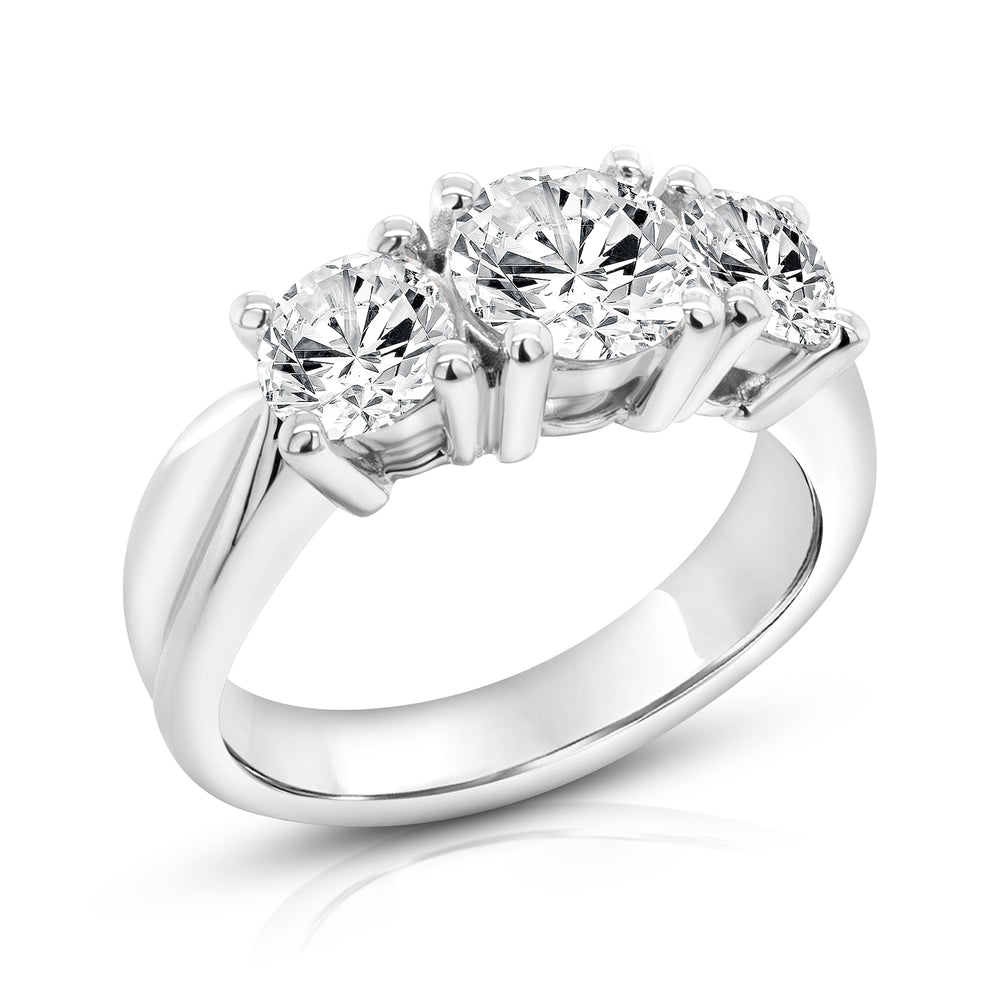 14 karat white gold lab grown diamond three-stone anniversary ring, angled three-quarter view