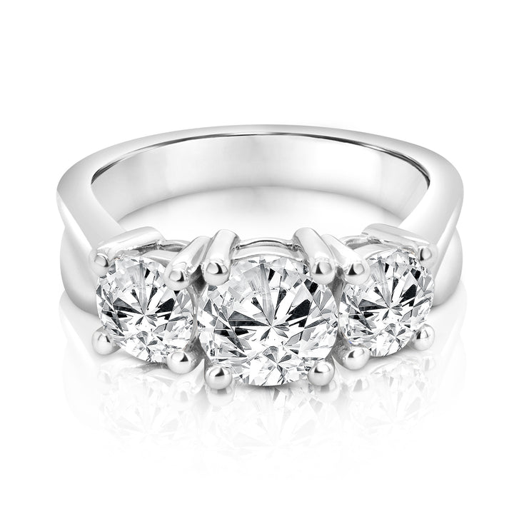 14 karat white gold lab grown diamond three-stone anniversary ring with round center and side stones, front view
