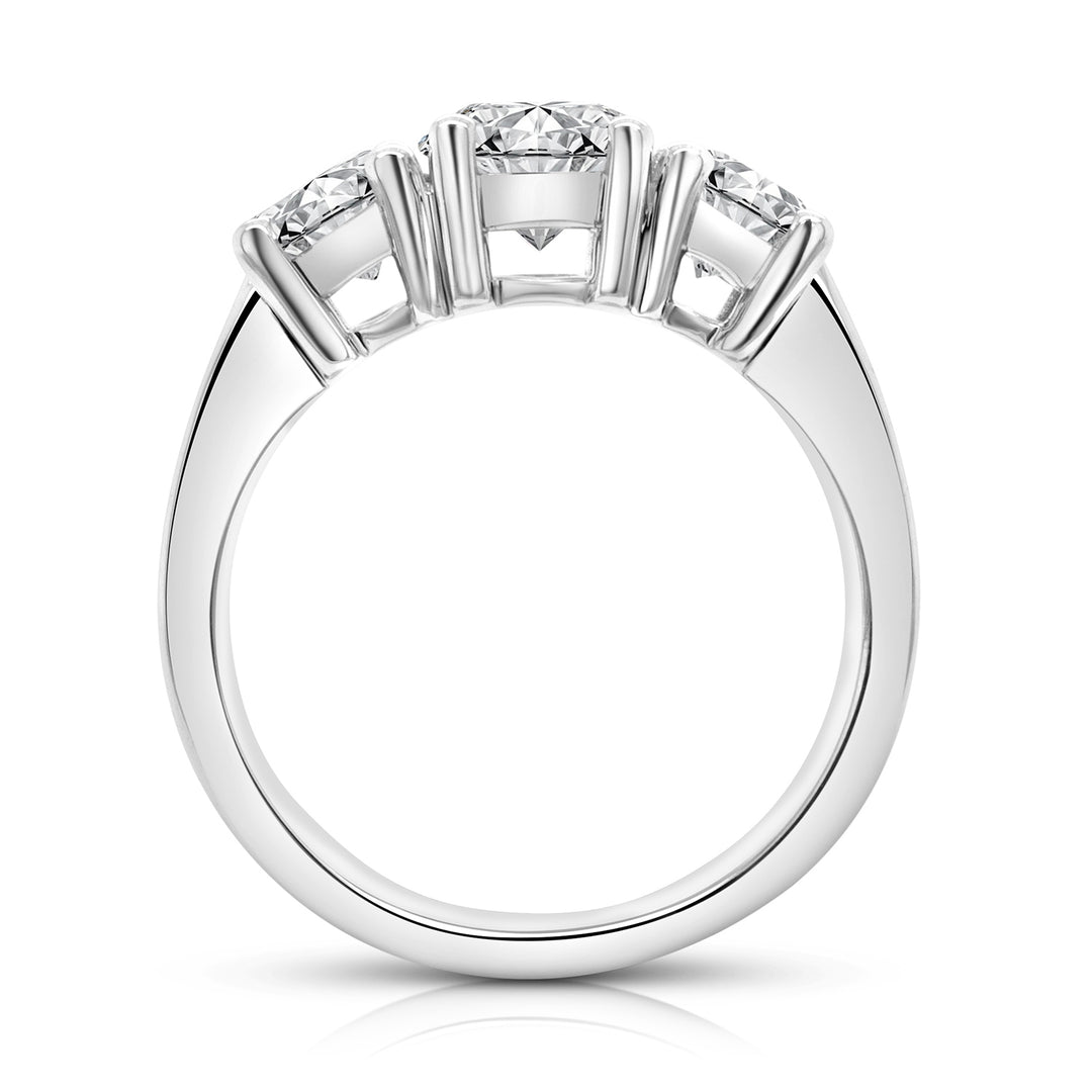 14 karat white gold lab grown diamond three-stone anniversary ring, side profile view