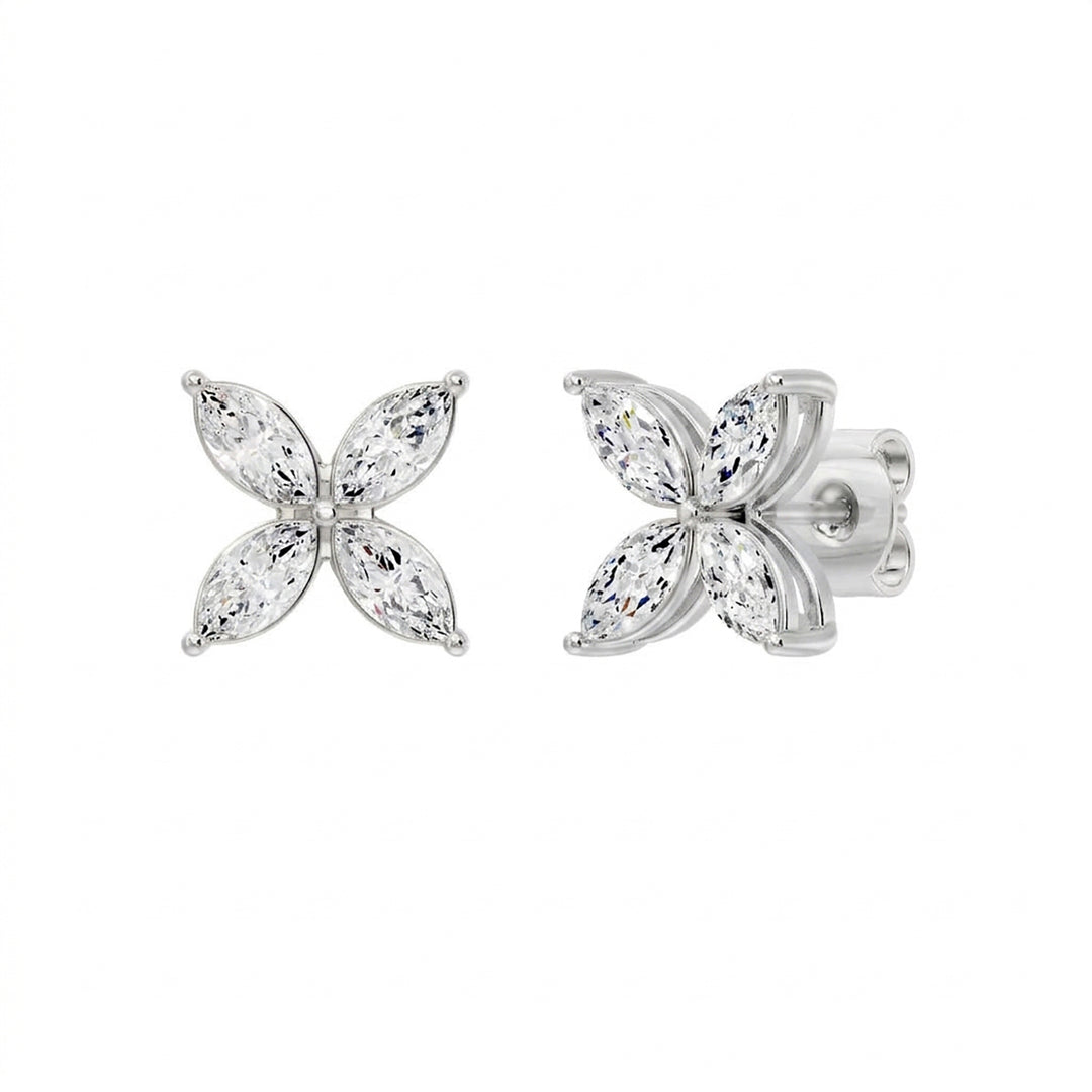 14K white gold flower stud earrings with four marquise lab grown diamonds each, front and angled view