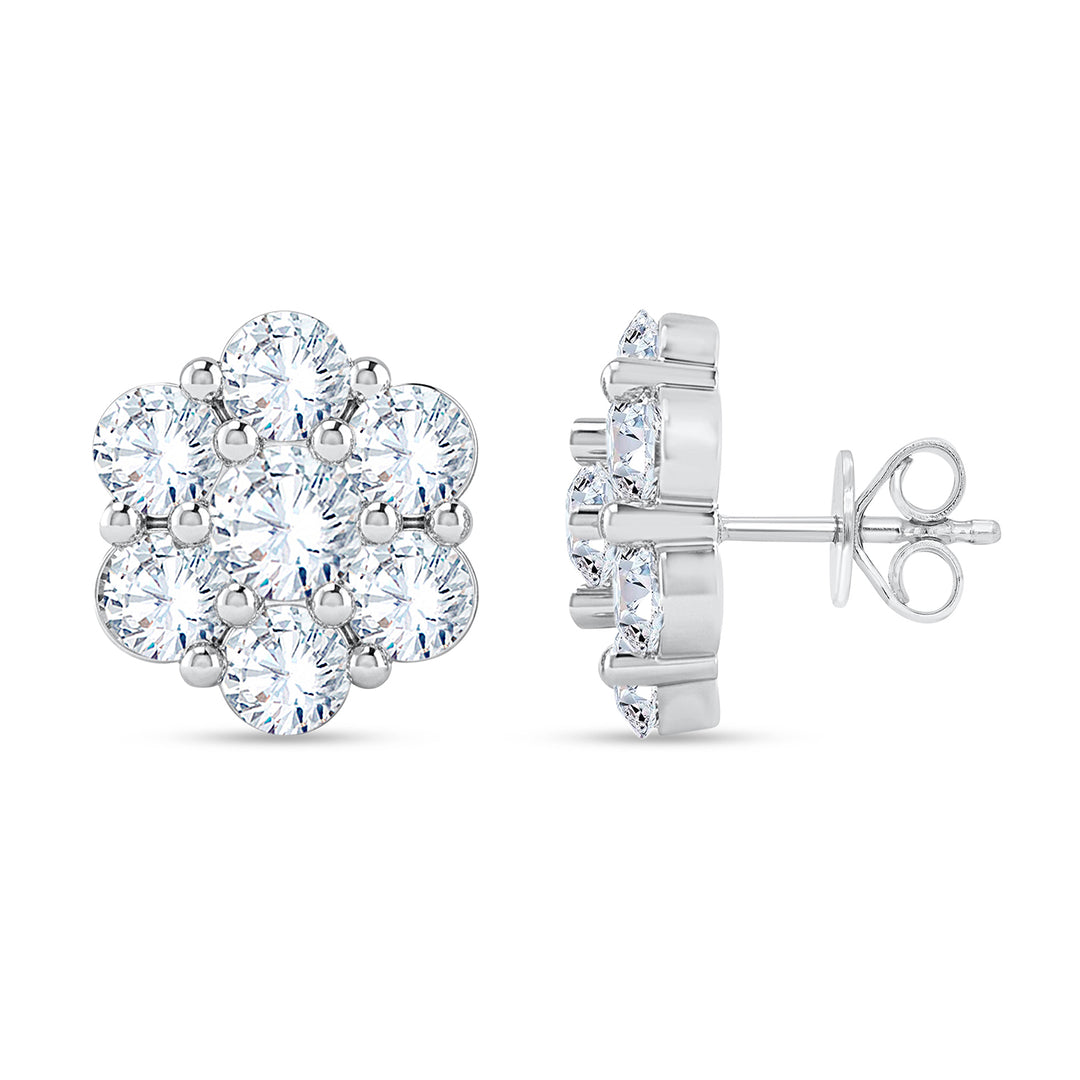 14K white gold round lab-grown diamond flower cluster stud earrings, front and side view