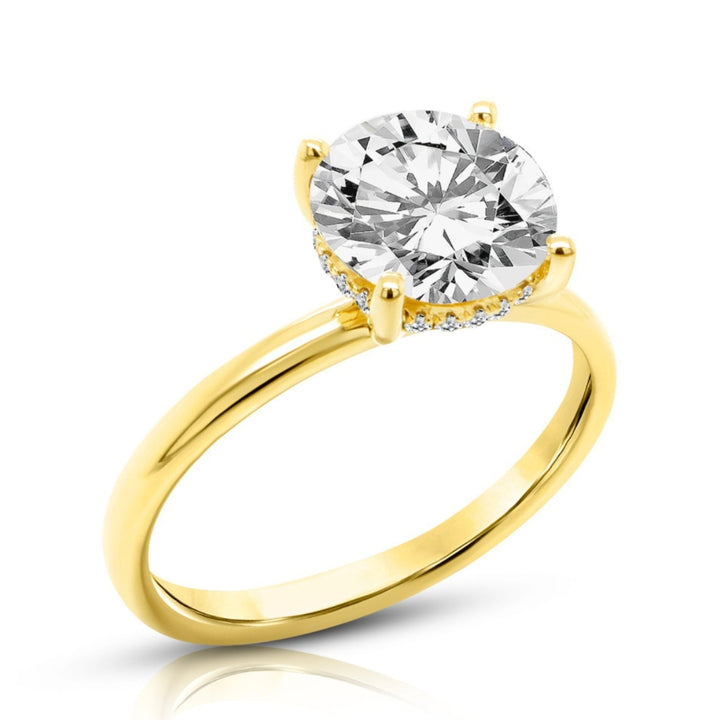 14 karat yellow gold 2ct round lab-grown diamond hidden halo engagement ring, angled three-quarter view