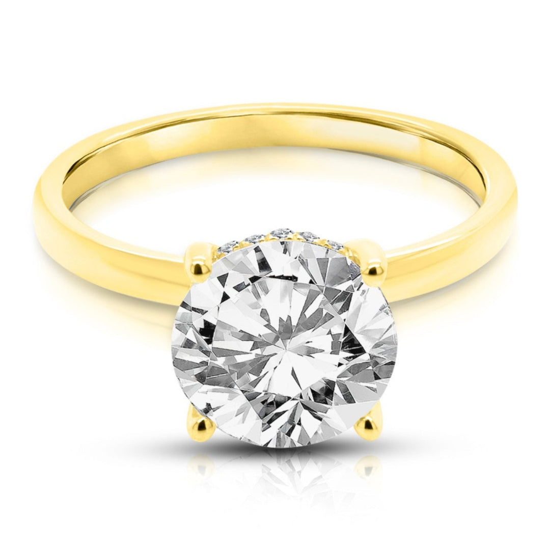 14 karat yellow gold 2ct round lab-grown diamond hidden halo engagement ring, front view