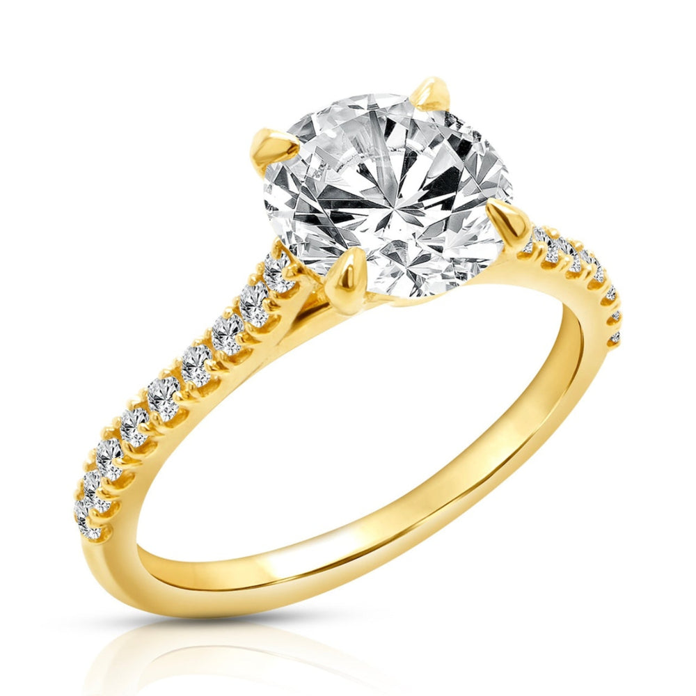 14 karat yellow gold 2ct round lab-grown diamond pavé cathedral engagement ring, angled three-quarter view