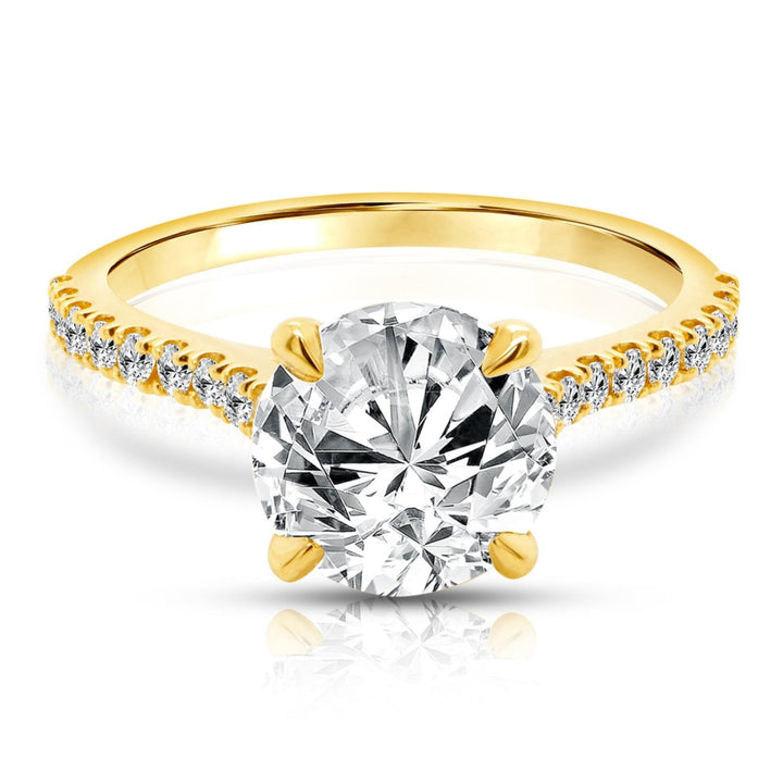 14 karat yellow gold 2ct round lab-grown diamond pavé cathedral engagement ring, front view