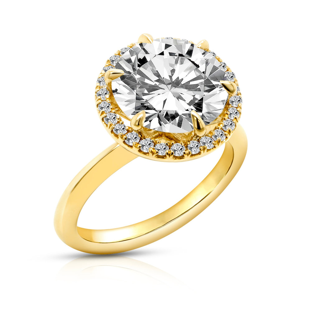 14 karat yellow gold 3ct round lab-grown diamond halo engagement ring, angled three-quarter view