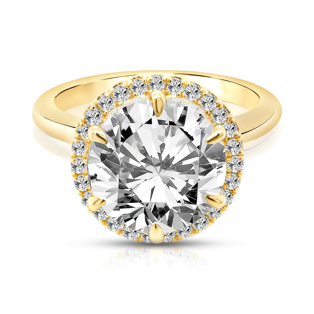 14 karat yellow gold 3ct round lab-grown diamond halo engagement ring, front view