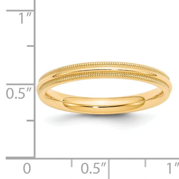 14K Yellow Gold 3mm Comfort Fit Milgrain Wedding Band - Side Profile