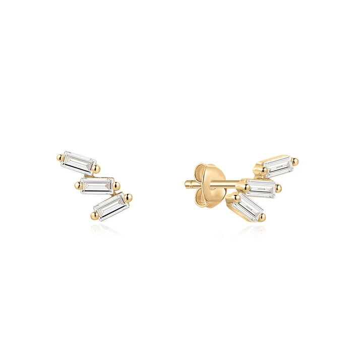 14K yellow gold stud earrings with three staggered baguette lab grown diamonds each, front and side view