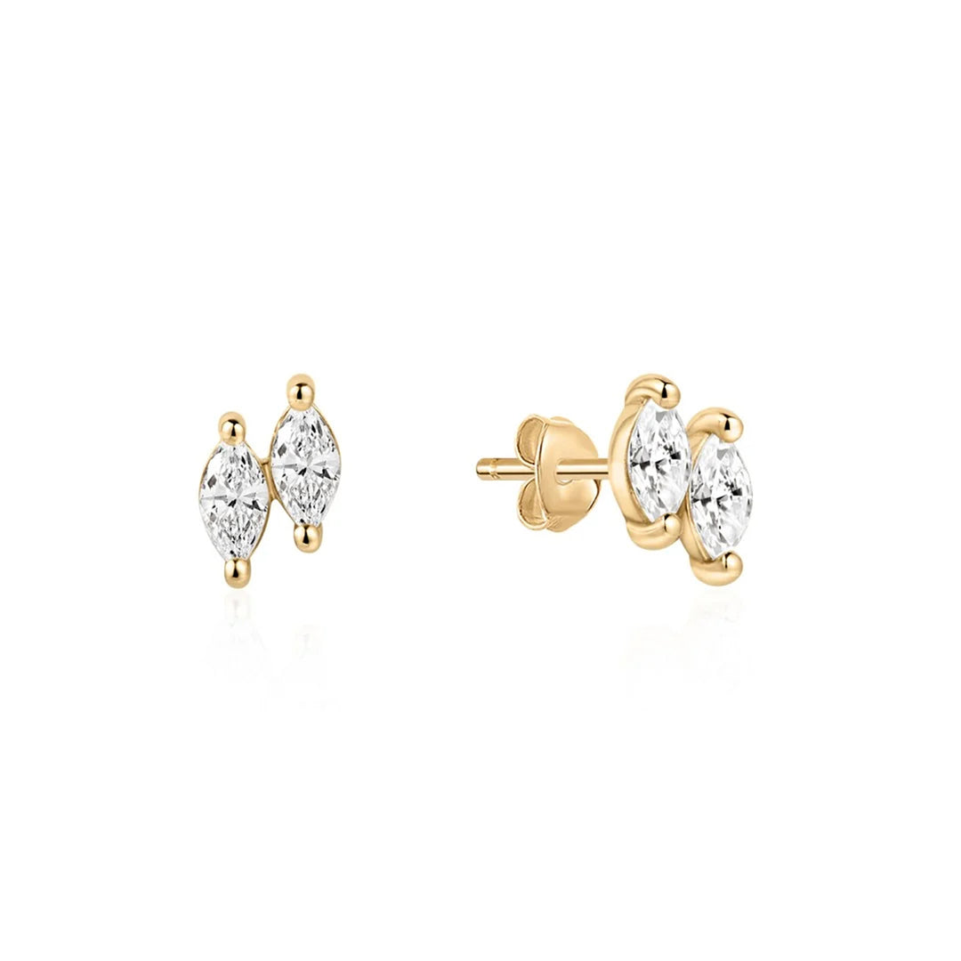 14K yellow gold stud earrings with two prong-set marquise lab grown diamonds each, front and side view
