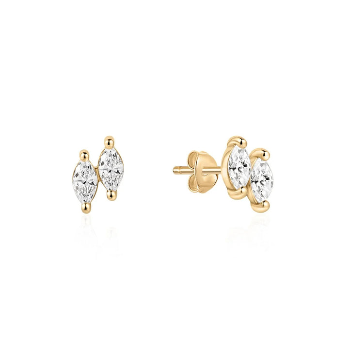 14K yellow gold stud earrings with two prong-set marquise lab grown diamonds each, front and side view