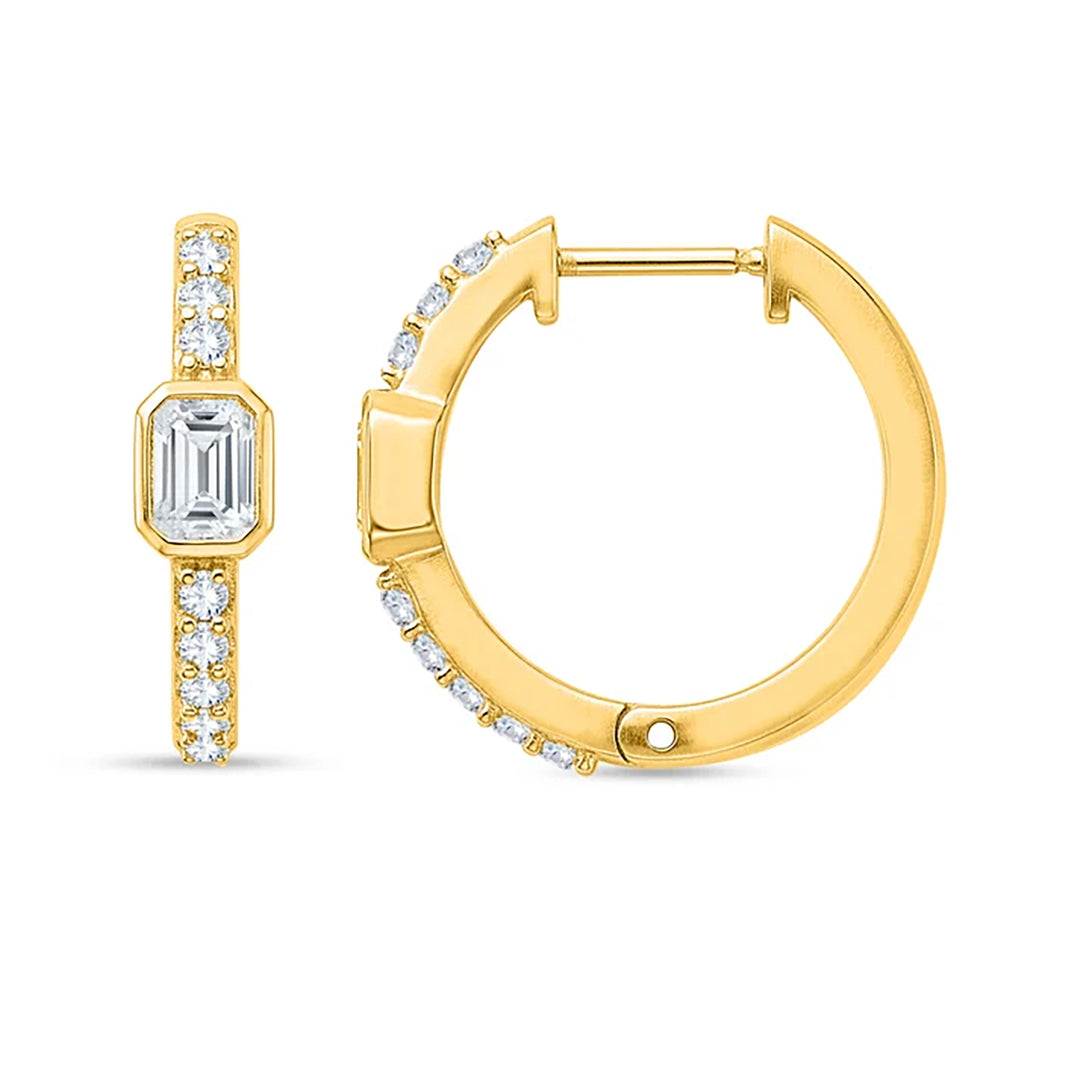 14K yellow gold hoop earrings with bezel-set emerald-cut lab grown diamonds and round lab grown diamond accents, front and side view