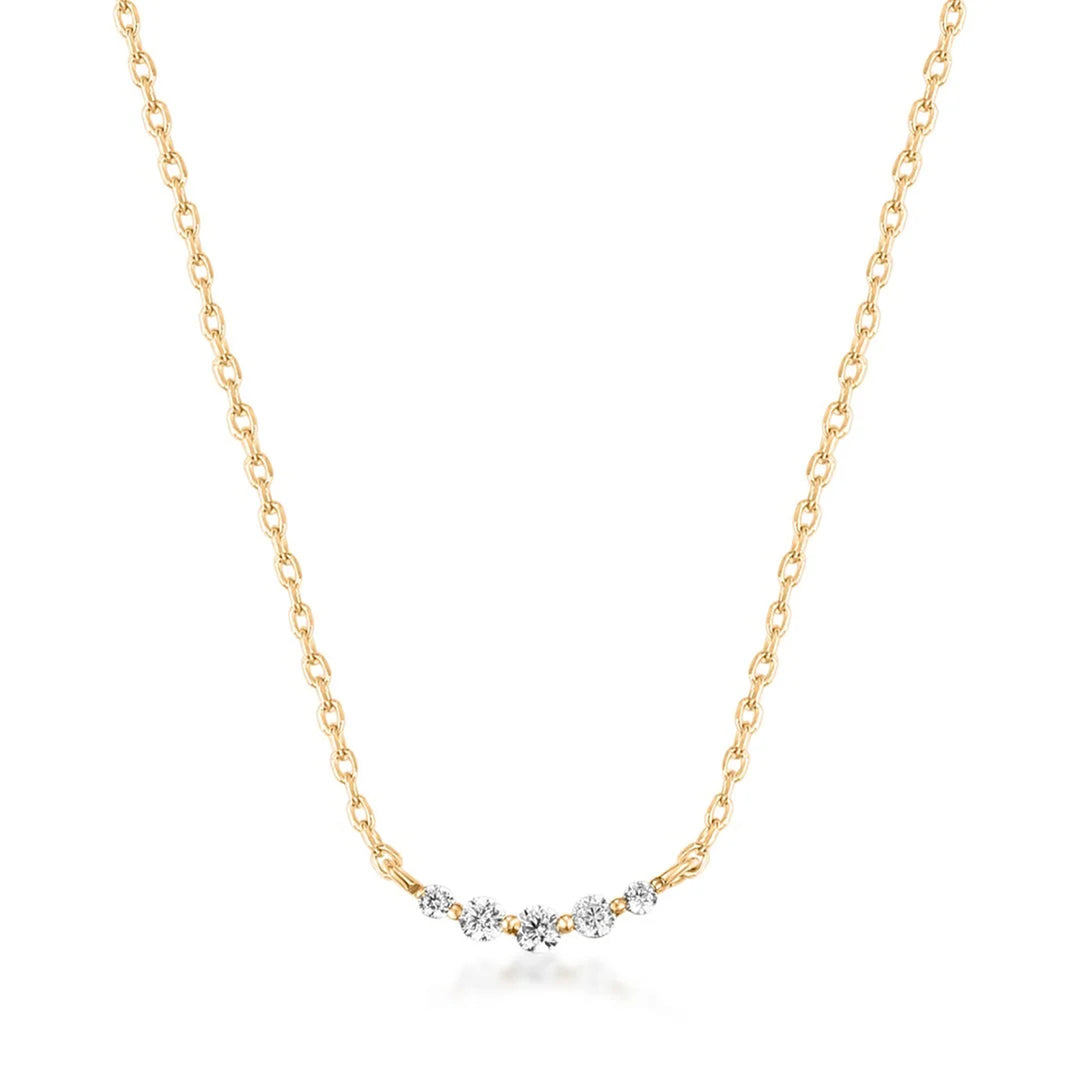14K yellow gold chain necklace with a curved row of five round lab grown diamonds