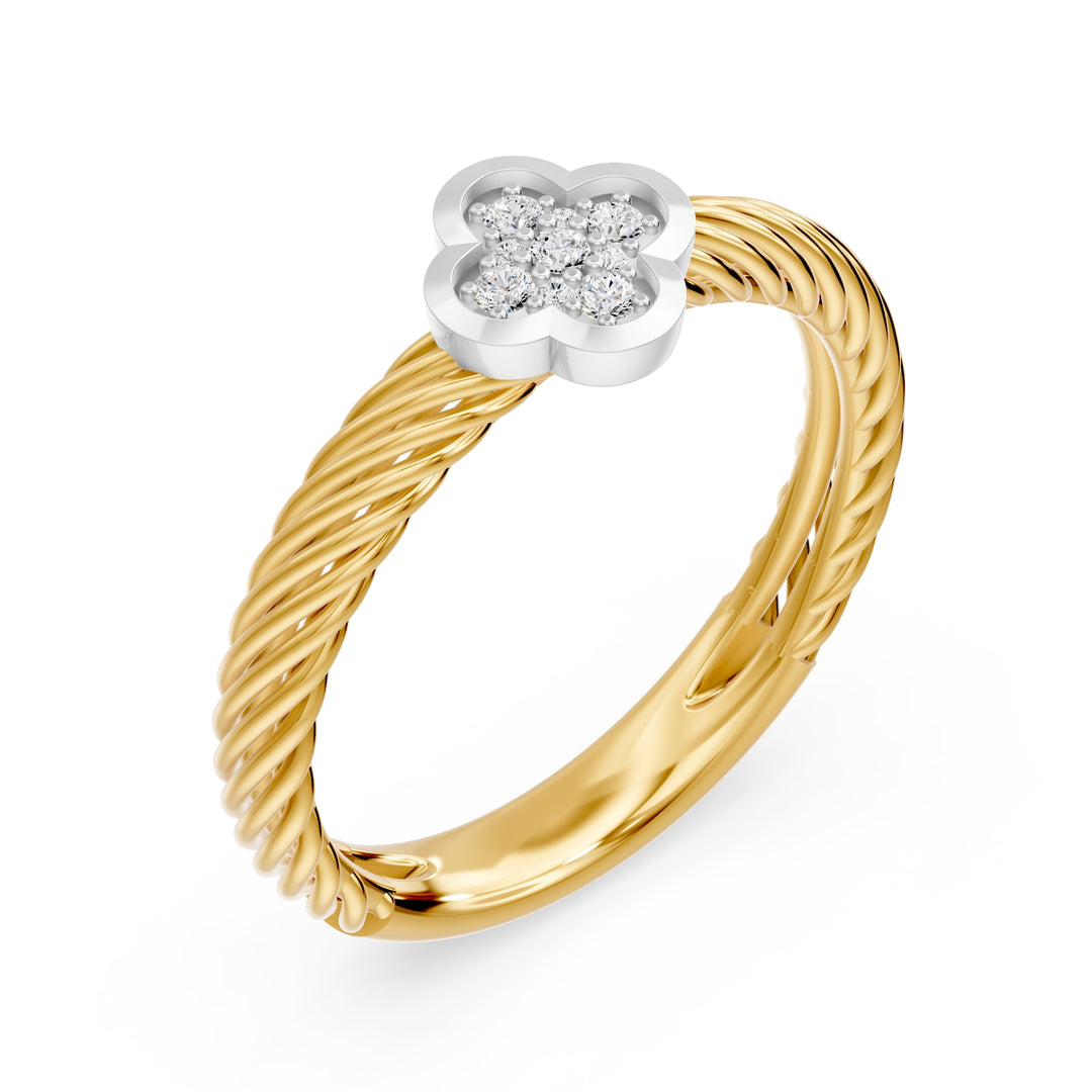 14K yellow gold flower diamond fashion ring with twisted rope band