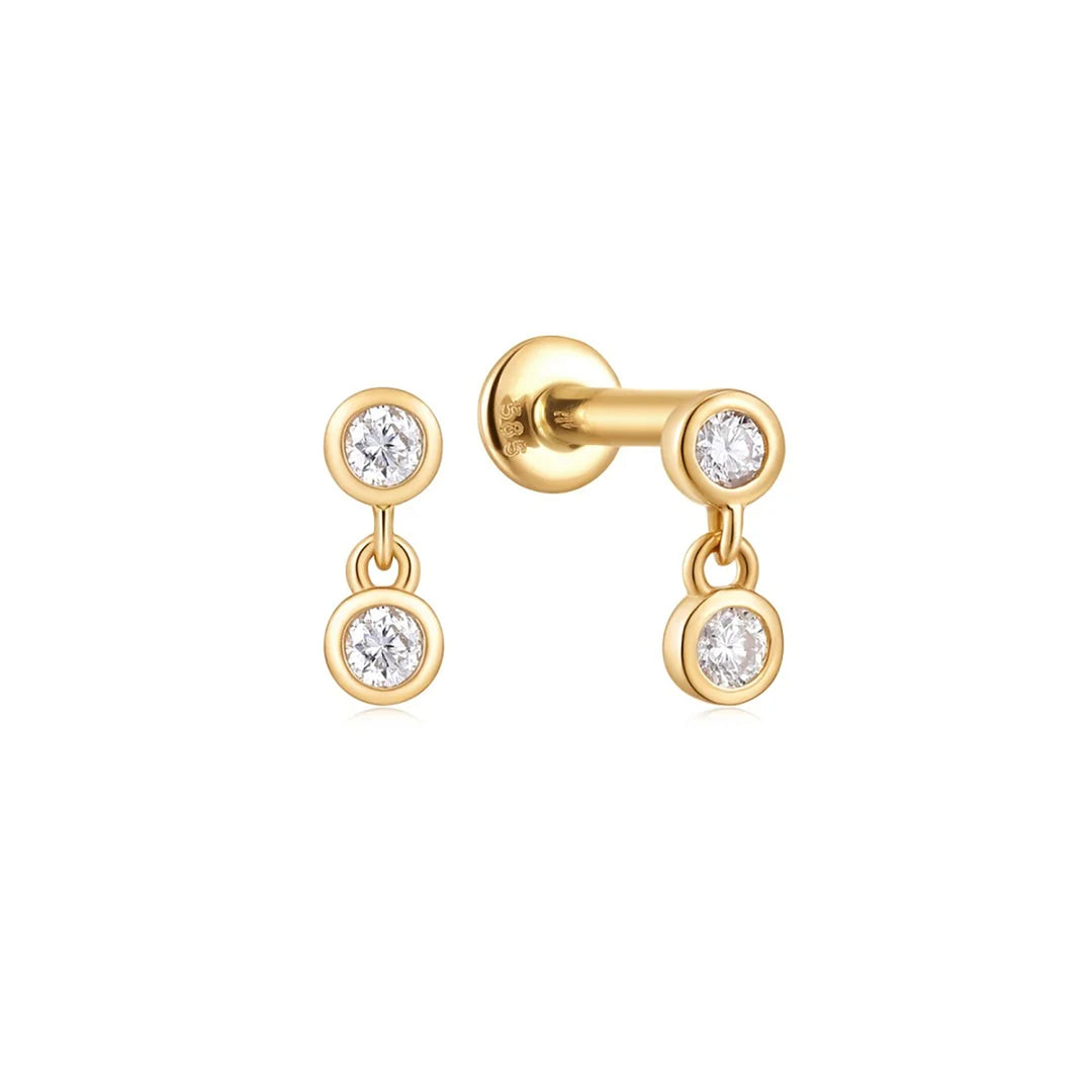 14K yellow gold flat back earrings with two bezel-set round lab grown diamonds in a dangle, front and side view