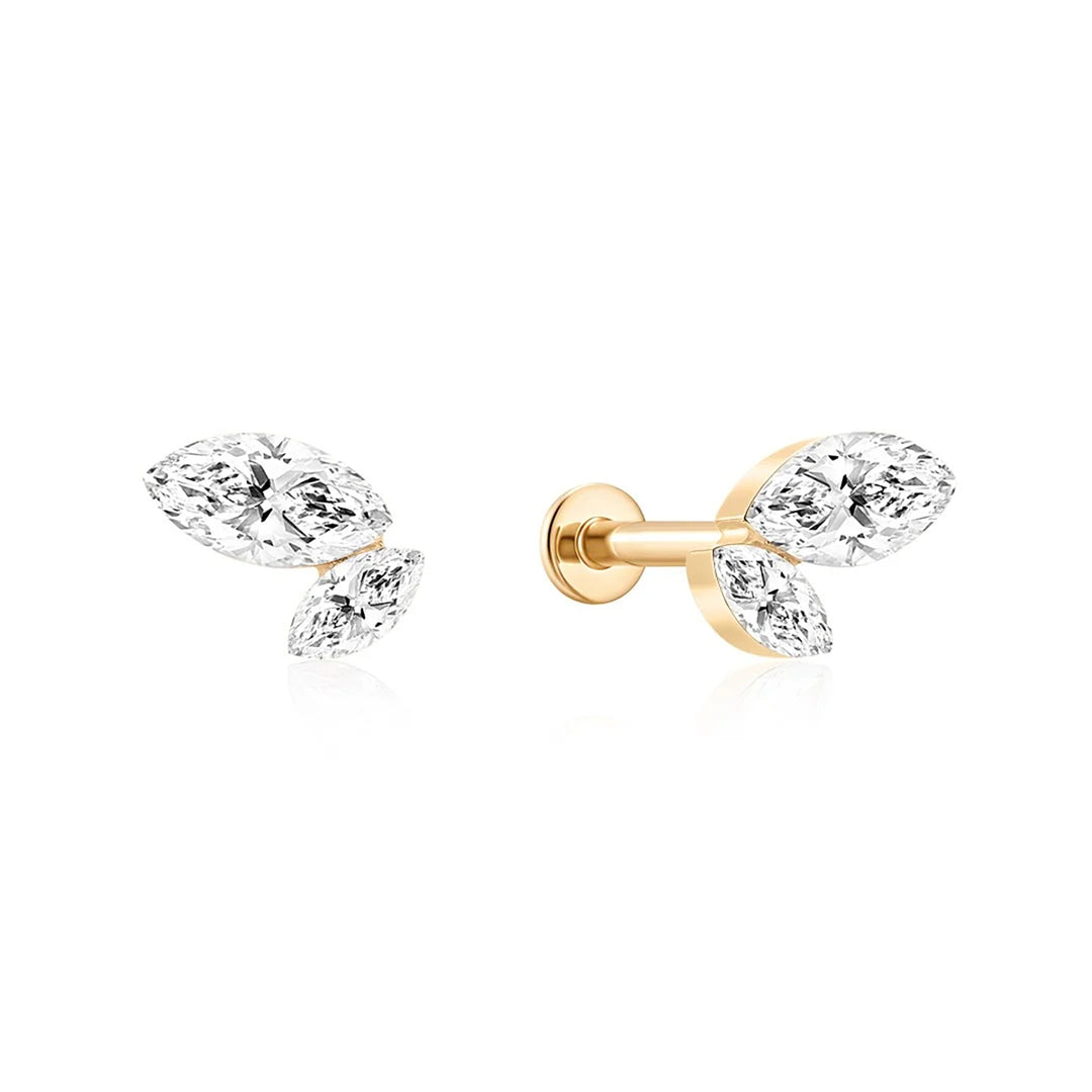 14K yellow gold leaf-shaped flat back stud earrings with large and small marquise lab grown diamonds, front and side view