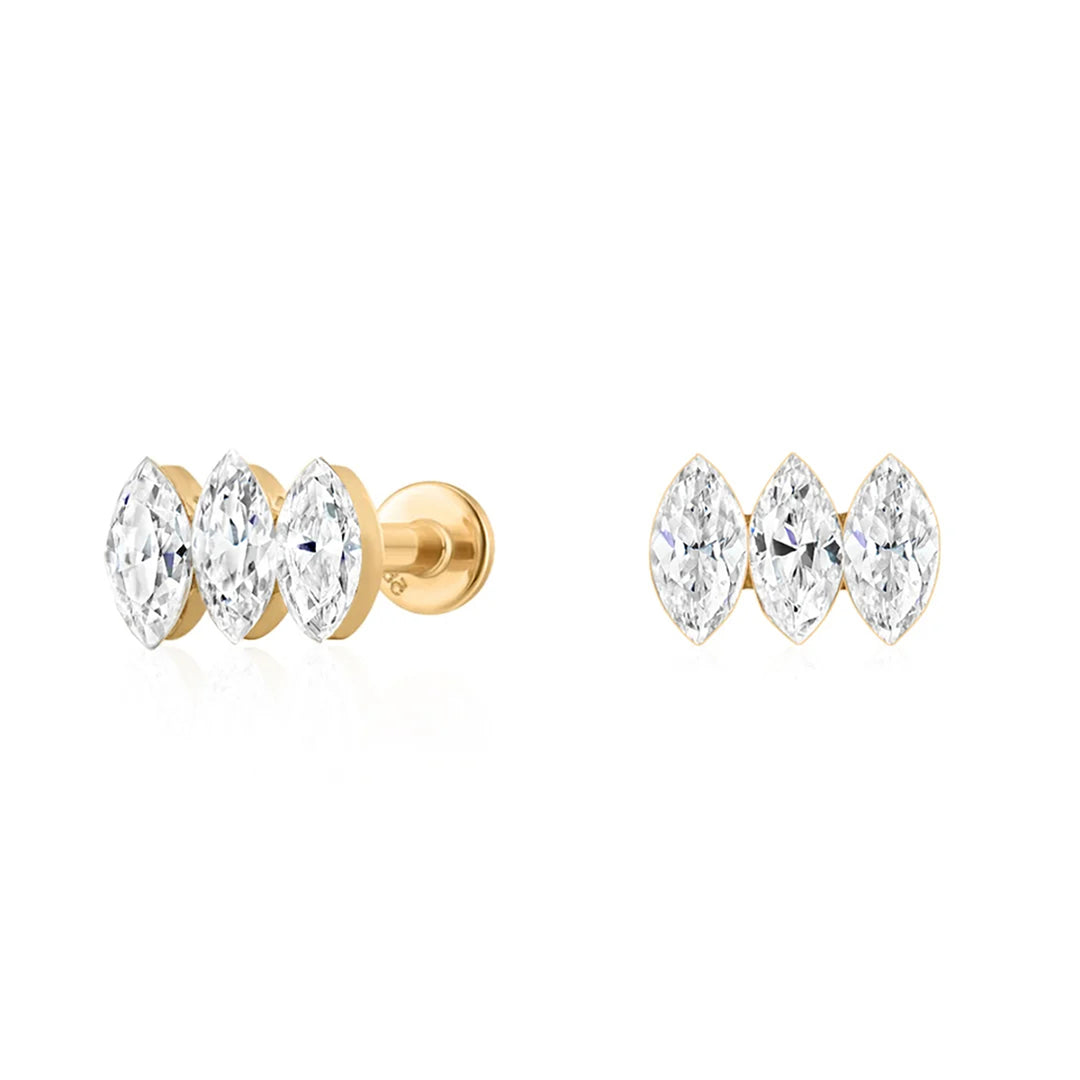14K yellow gold flat back stud earrings with three marquise lab grown diamonds set side by side, side and front view