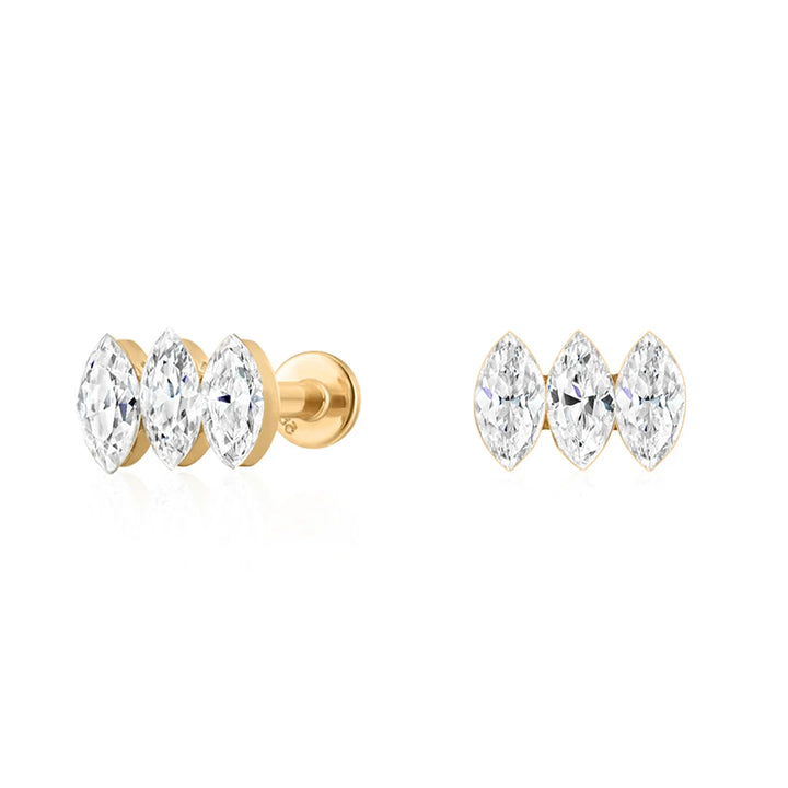 14K yellow gold flat back stud earrings with three marquise lab grown diamonds set side by side, side and front view