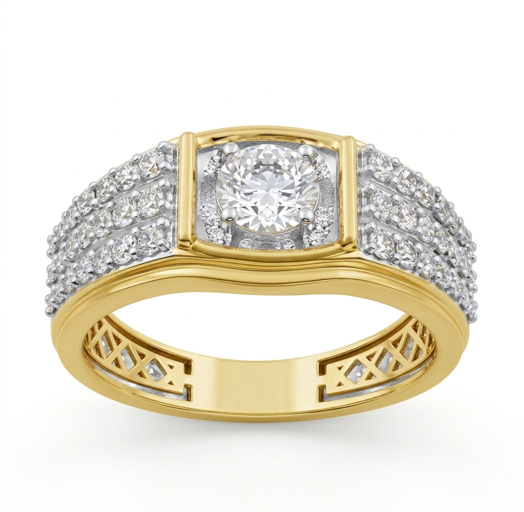 14K yellow gold men's fashion ring with round lab-grown diamonds and pave shoulders