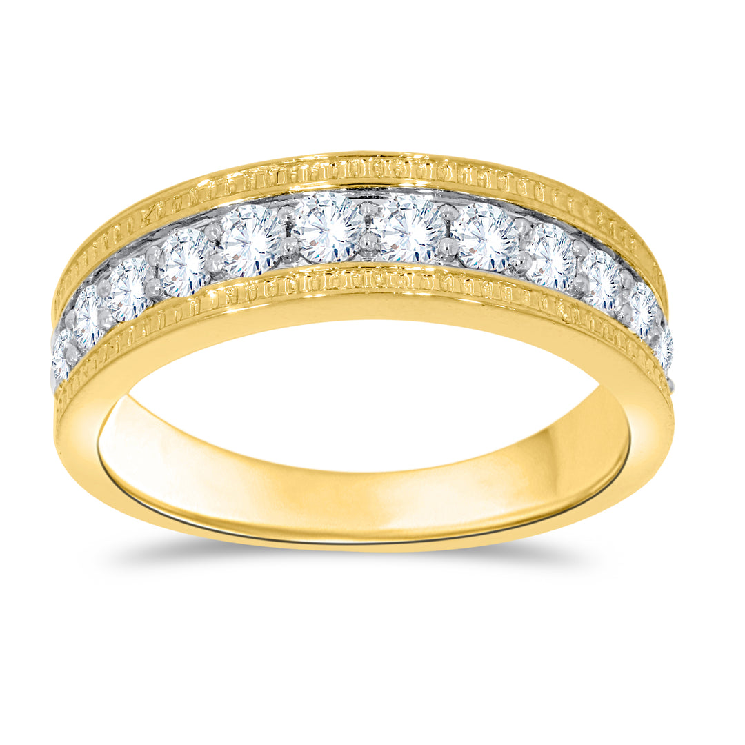14K yellow gold men's wedding band with 12 round lab-grown diamonds and milgrain detail