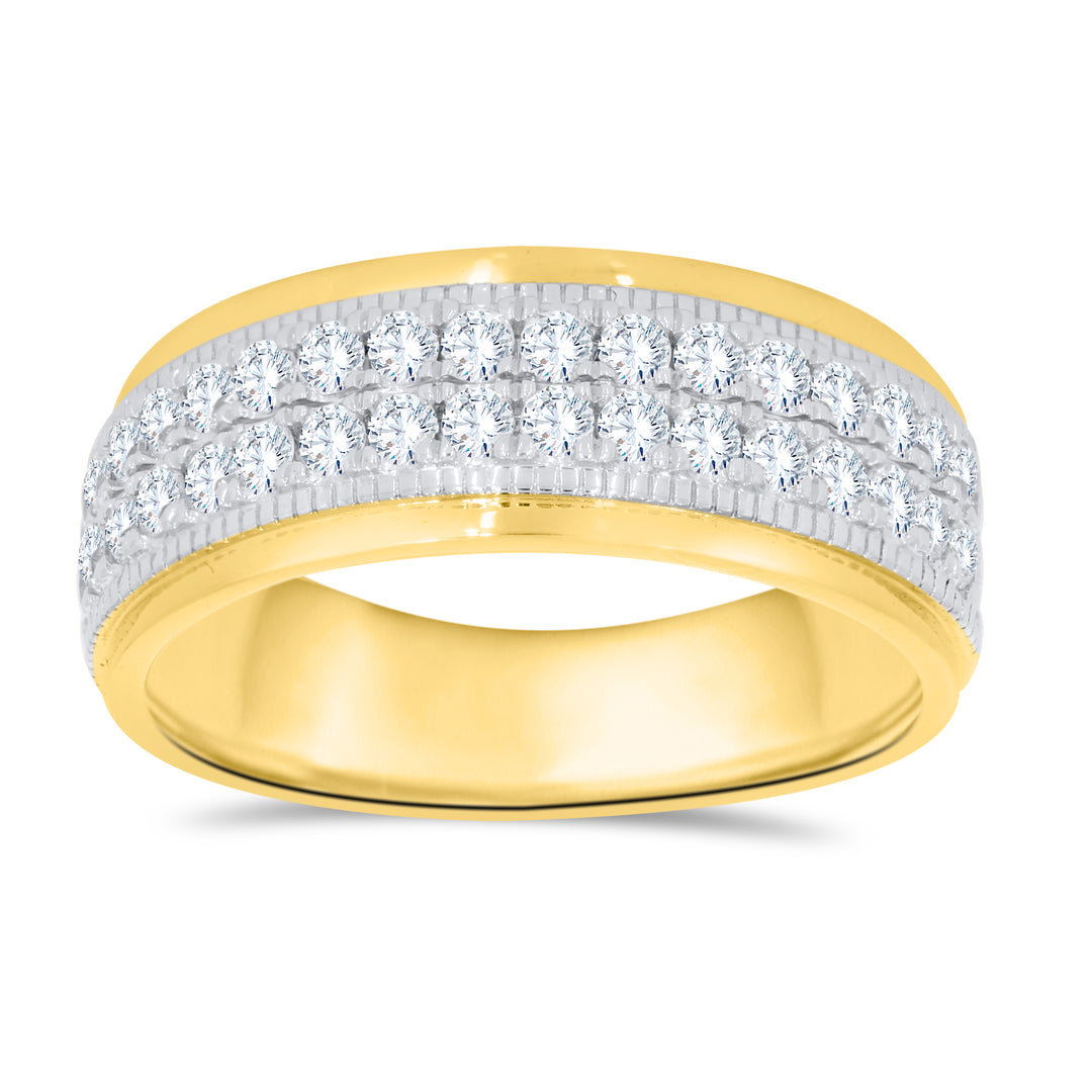 14K yellow gold men's wide band with three rows of round lab-grown diamonds