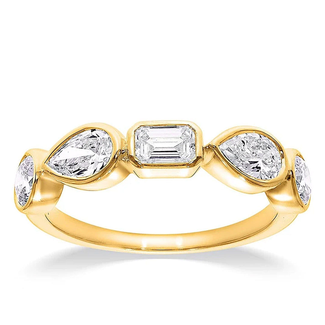 14K yellow gold five-stone bezel ring with emerald-cut and pear-shaped lab grown diamonds set east-west