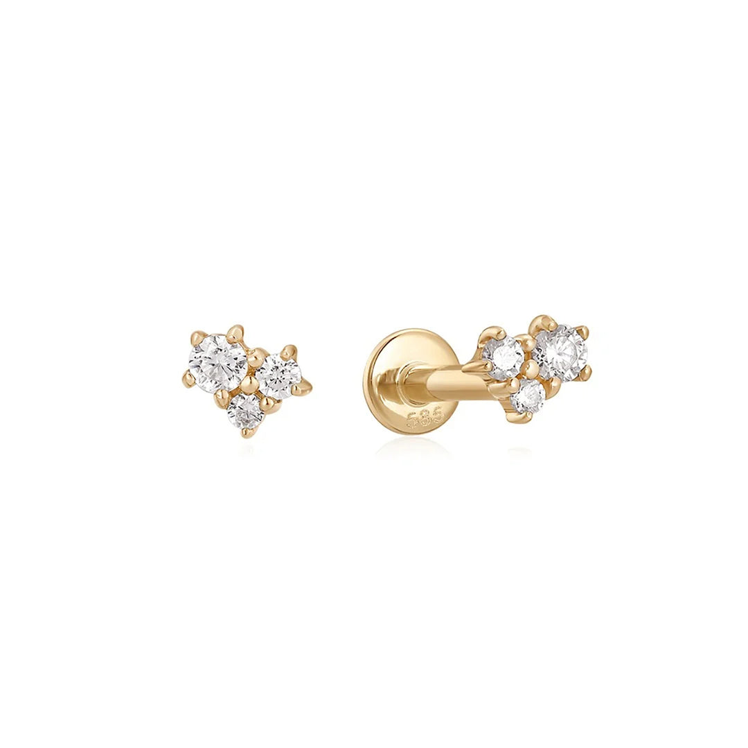 14K yellow gold flat back stud earrings with a cluster of three round natural diamonds, front and side view