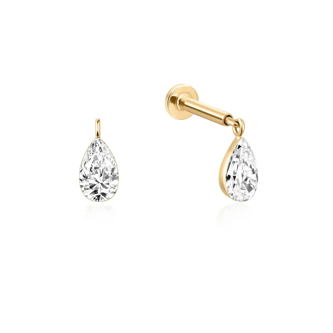 14K yellow gold flat back earrings with pear-shaped lab grown diamond drops, front and side view