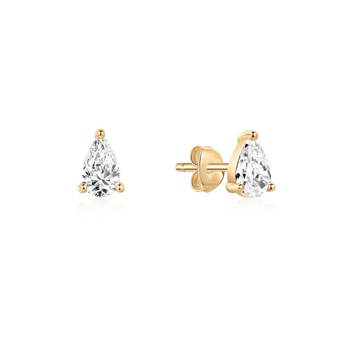 14K yellow gold three-prong stud earrings with pear-shaped lab grown diamonds, front and side view