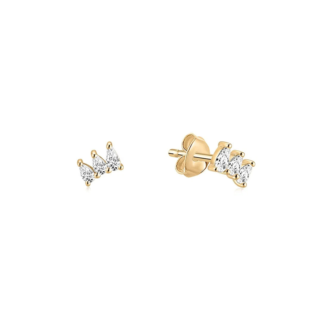 14K yellow gold stud earrings with three pear-shaped lab grown diamonds each, front and side view