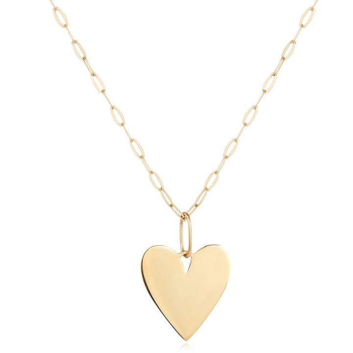 14K yellow gold polished heart pendant on an elongated link chain necklace