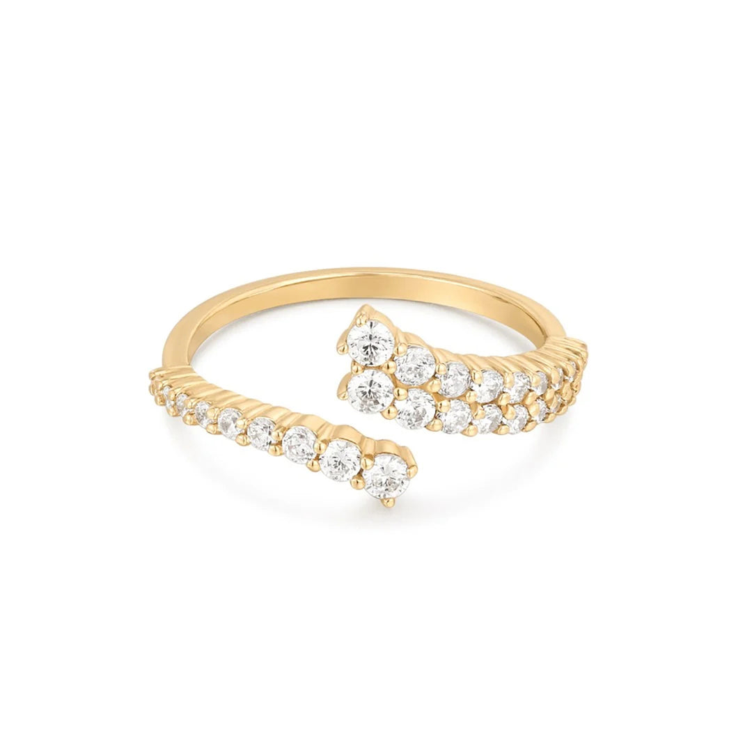 14K yellow gold bypass wrap ring with two tapering rows of round lab grown diamonds